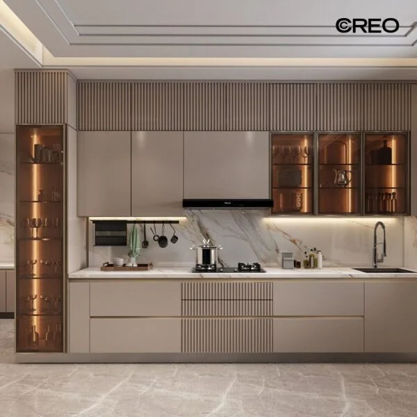 Modern modular kitchen with handle-less acrylic panels — Kraftline, Pune